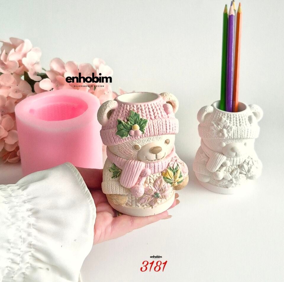 Örgü Desen Ayıcık Kalemlik Silikon Kalıp