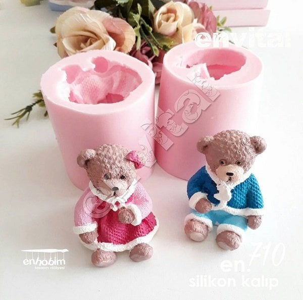 Oturan ayıcık 2li set silikon kalıp
