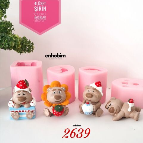 4lü Set Çilekli Şirin Ayıcıklar 3 boyutlu Silikon kalıp