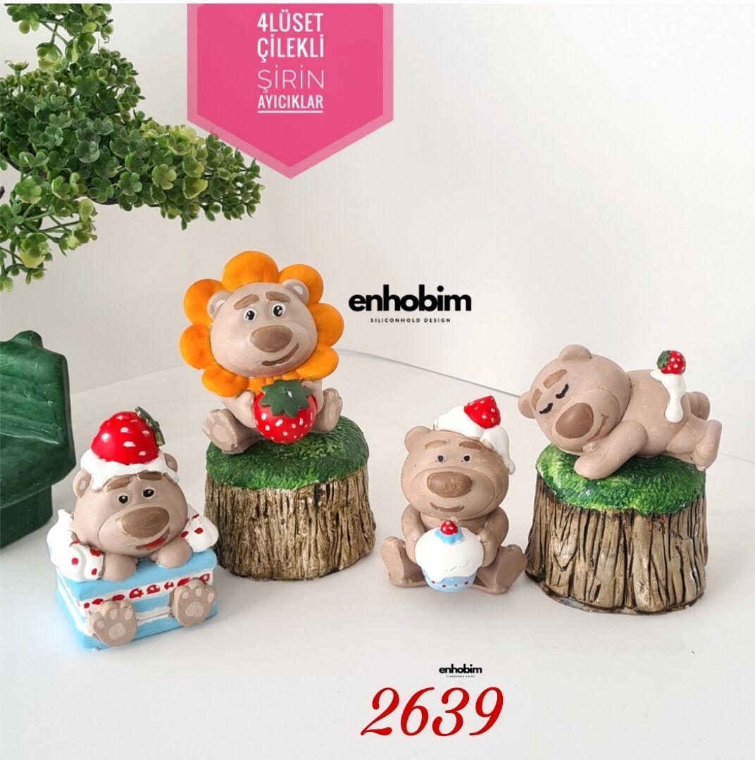 4lü Set Çilekli Şirin Ayıcıklar 3 boyutlu Silikon kalıp