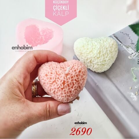 Küçük Boy Çiçekli  Kalp Mum Silikon kalıp