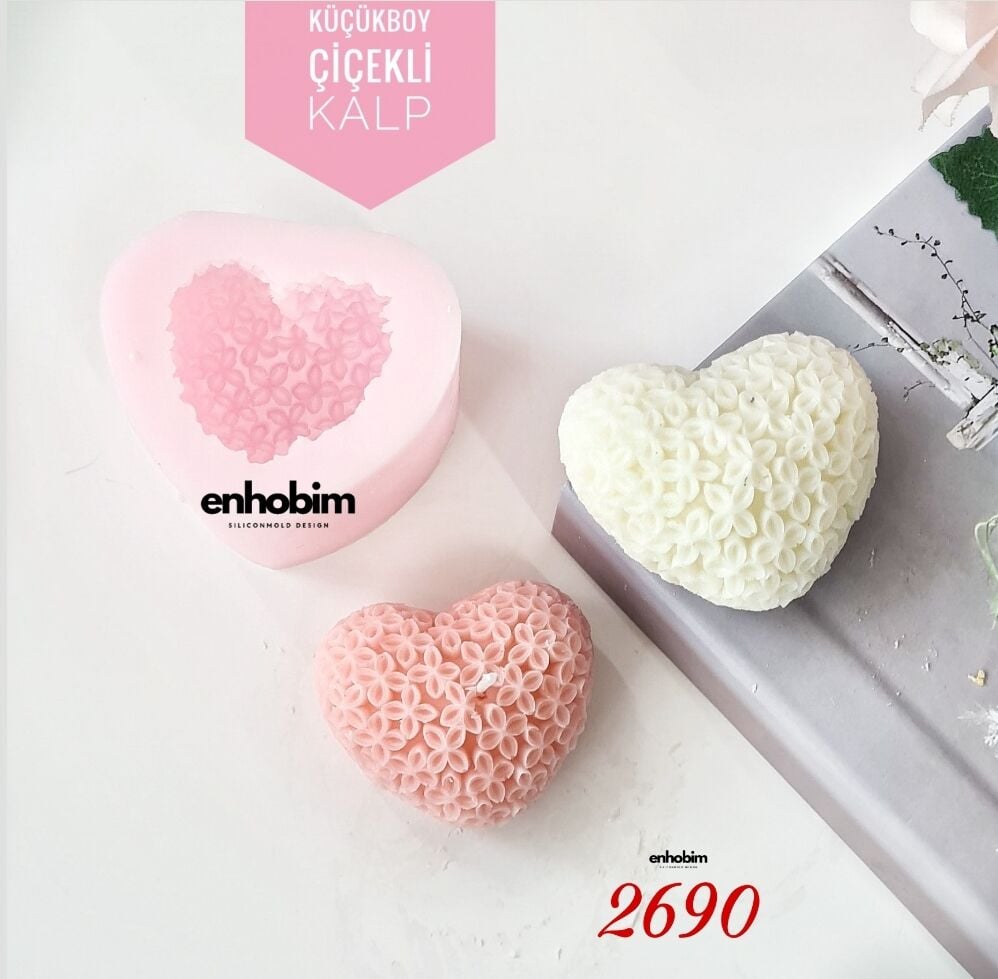 Küçük Boy Çiçekli  Kalp Mum Silikon kalıp