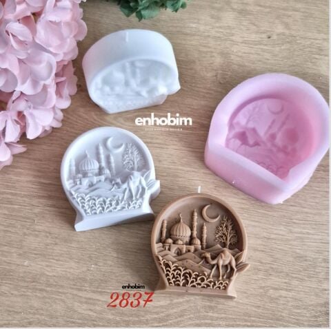 Ramazan Temalı  yuvarlak Form Sahra mescit ve hilal desenli Mum silikon kalıp
