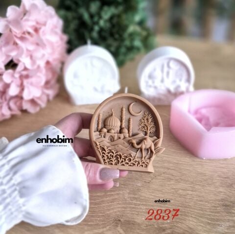 Ramazan Temalı  yuvarlak Form Sahra mescit ve hilal desenli Mum silikon kalıp