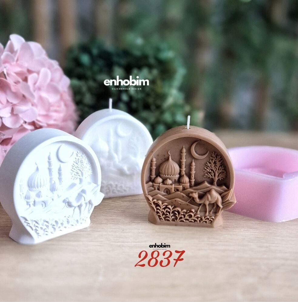 Ramazan Temalı  yuvarlak Form Sahra mescit ve hilal desenli Mum silikon kalıp