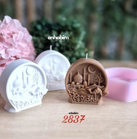 Ramazan Temalı  yuvarlak Form Sahra mescit ve hilal desenli Mum silikon kalıp