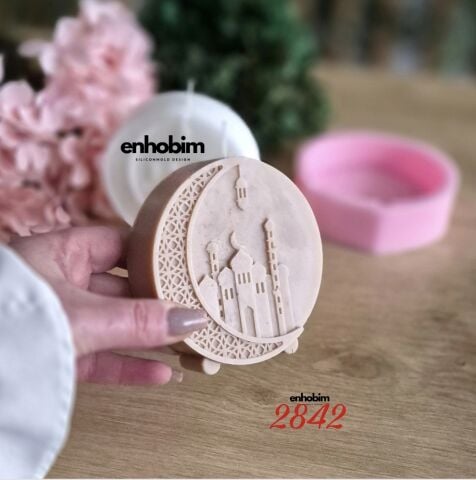 Ramazan Temalı Yuvarlak Form Mescit ve Hilal Desenli Mum Silikon Kalıp