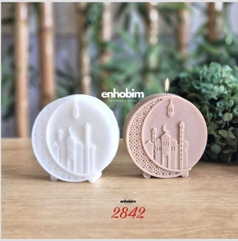 Ramazan Temalı Yuvarlak Form Mescit ve Hilal Desenli Mum Silikon Kalıp