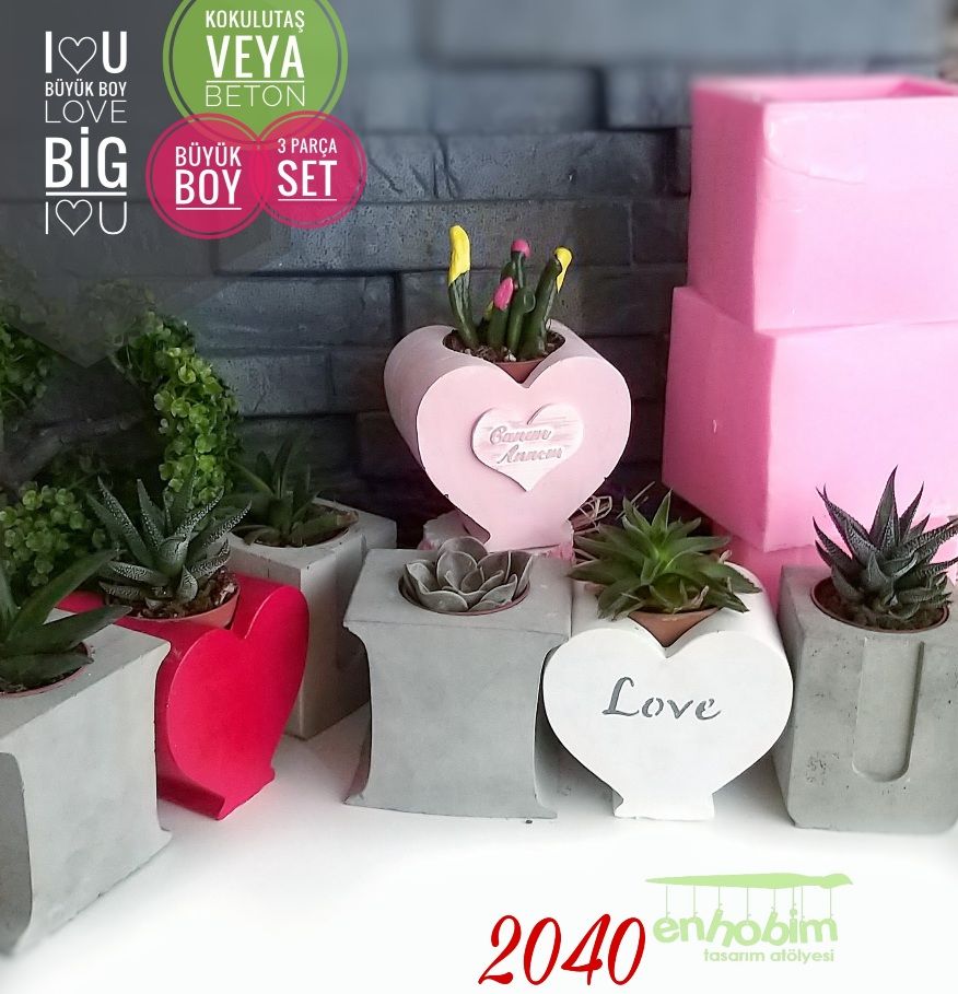 I LOVE YOU Büyük Kalp Saksı 3lü Set Silikon Kalıbı