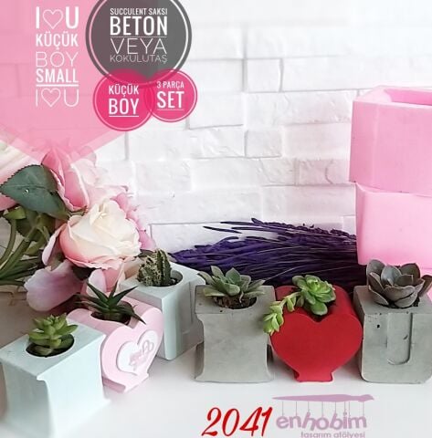 I LOVE YOU Küçük Boy Kalp saksı 3lü set silikon kalıbı